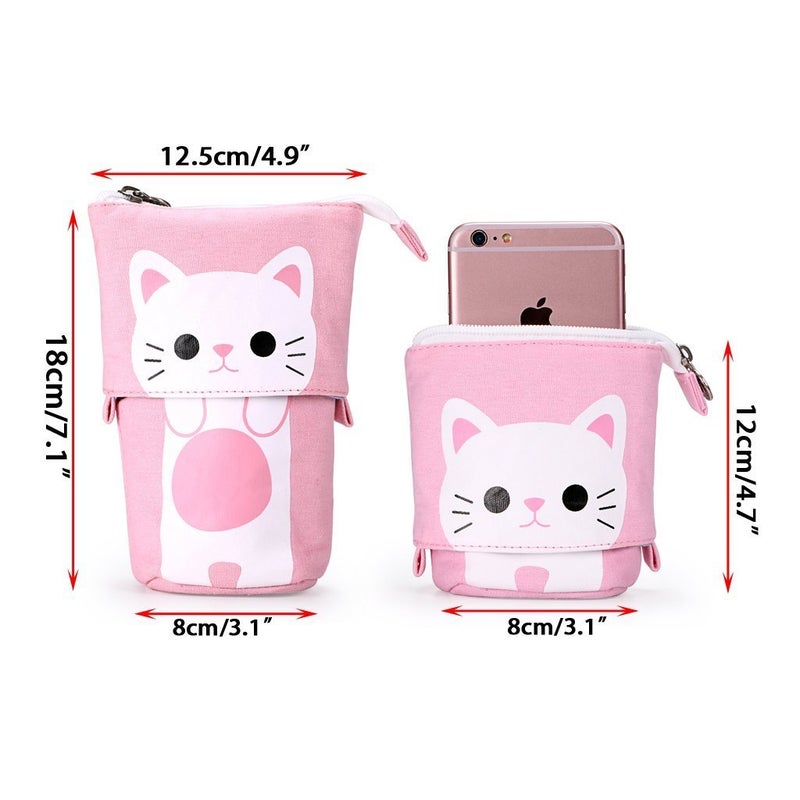 Ytuomzi Telescopic Pencil Pouch Standing Pen Holder Cute Pencil Bags Stand Up Pen Case Cartoon Pencil/Pens Storage Box Canvas+PU Stationery Organizer Makeup Bag with Zipper Closure (Pink) - Image 3